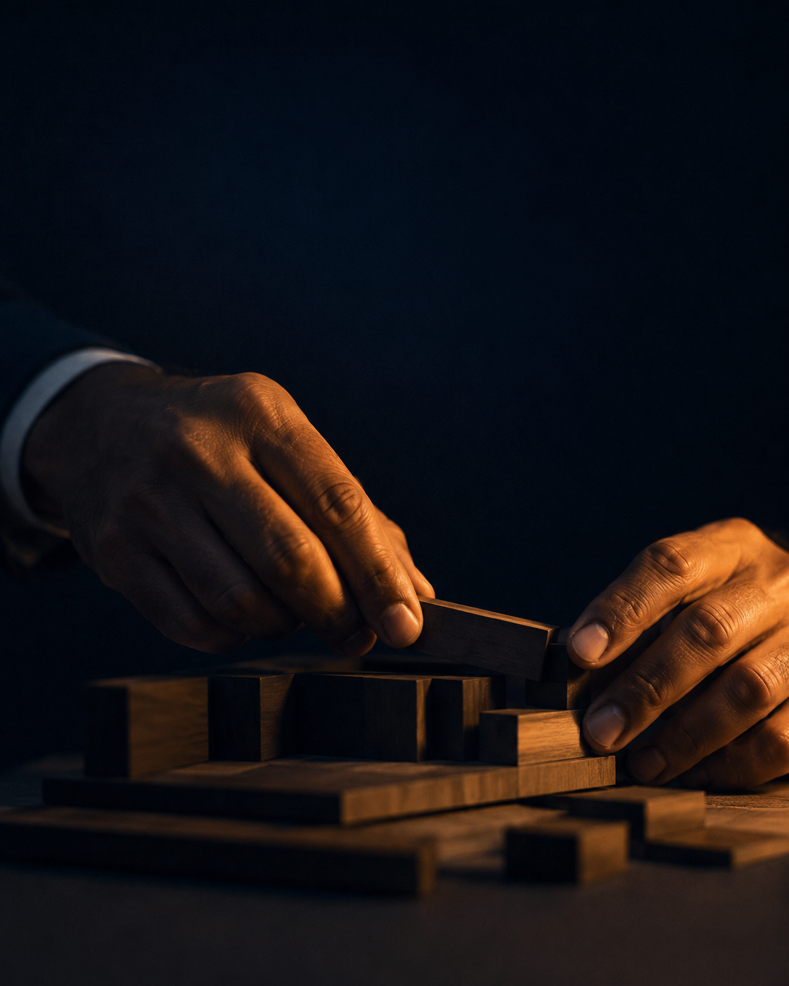 Hands assembling wooden building blocks