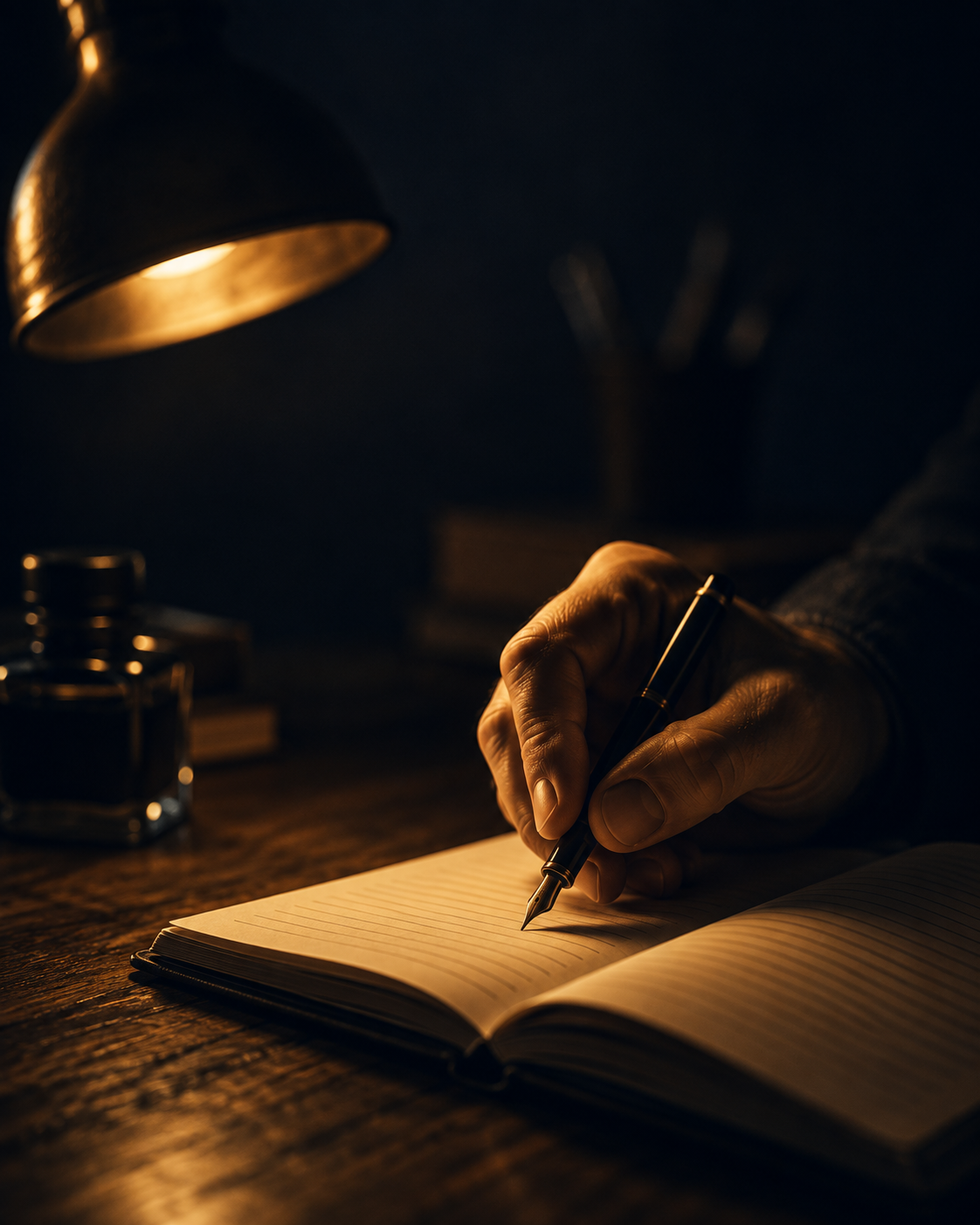 A hand writing in a notebook under lamplight