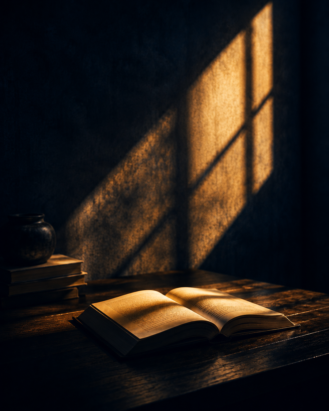 Sunlight falling across an open book on a desk