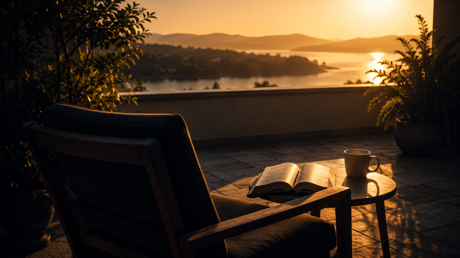 A quiet terrace at golden hour with an open book