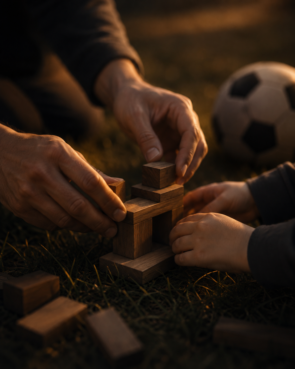 Hands playing with building blocks alongside a child, football nearby