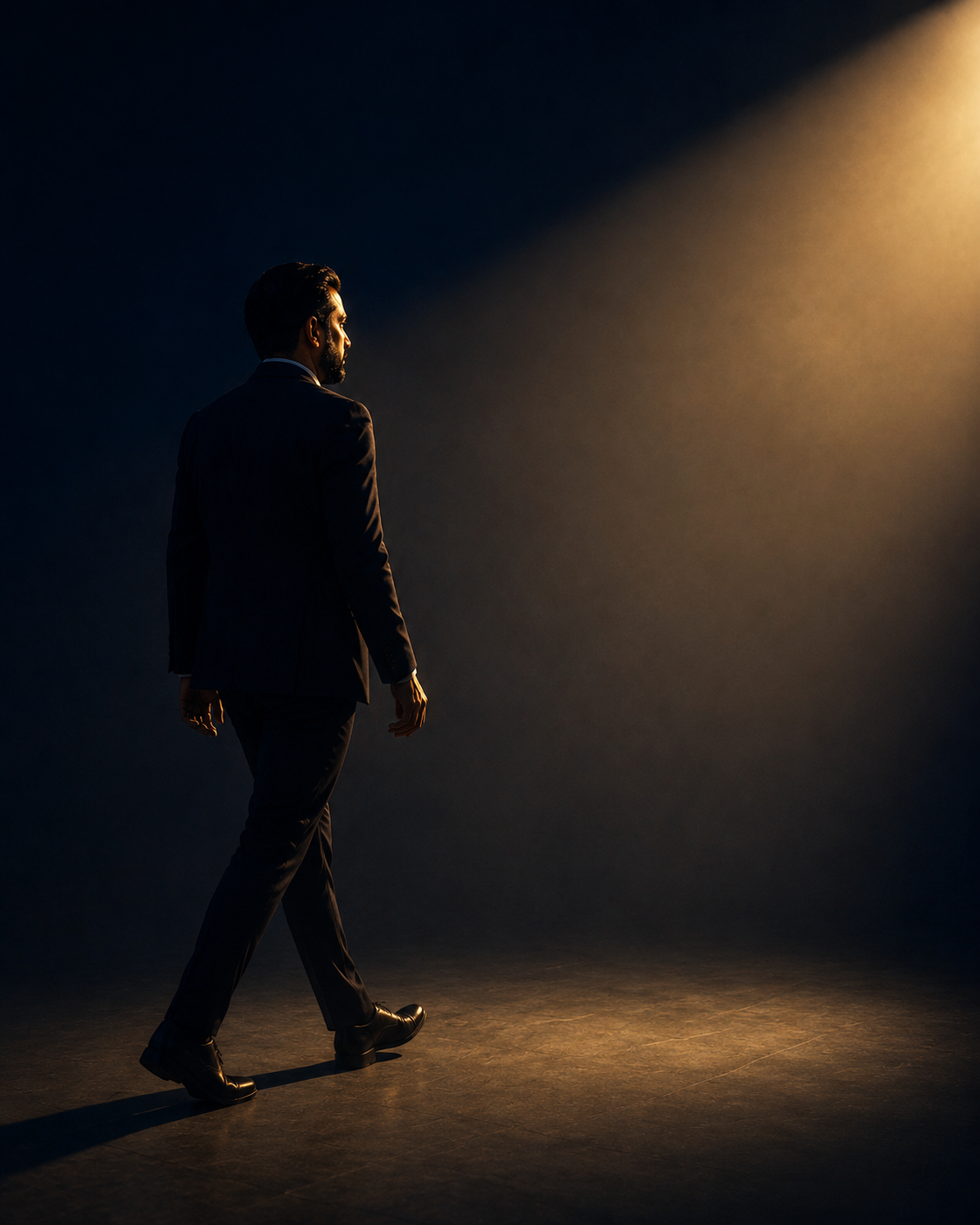 A figure stepping forward into light